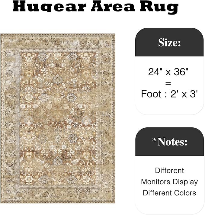 HUGEAR 2x3 Small Rug Machine Washable Area Rug Brown Beige Entryway Rugs Entrance Door Mat Indoor Floral Low Pile Carpet Distressed Throw Rugs Kitchen Bedroom Office Non Slip
