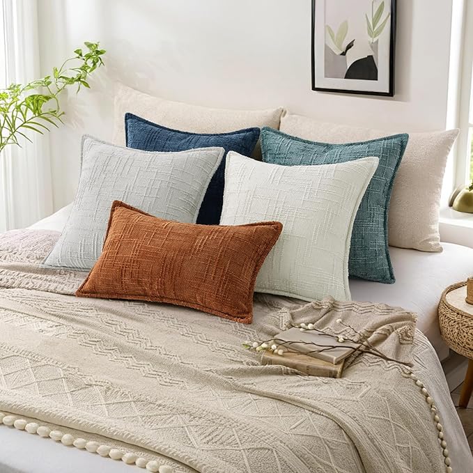decorUhome Chenille Throw Pillow Covers 12x20 Set of 2, Thick Textured Slubby Neutral Decorative Pillow Covers with Elegant Design for Couch, Sofa, Living Room, Navy Blue