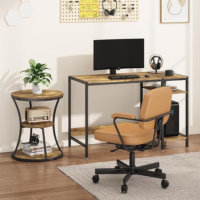 19.69 inches Round End Table,3 Tier Side Table with Storage Shelf,Compact Coffee Table and Tea Sofa Table,Vintage Nightstand for Living Room Bedroom Study Small Spaces ,Rustic Brown and Black