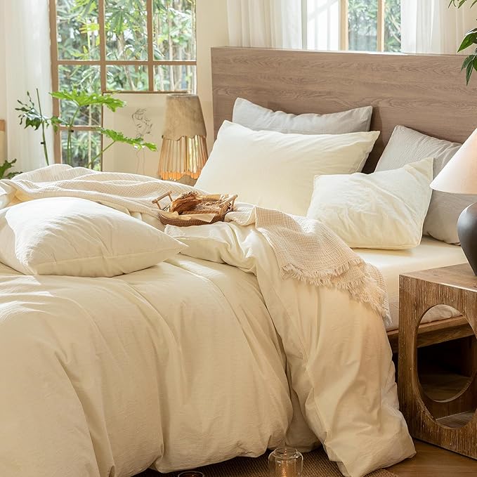 MooMee Wavy Striped Duvet Cover Set 100% Washed Cotton Linen Like Textured Breathable Durable Soft Comfy (Cream White, Full 80"x90")