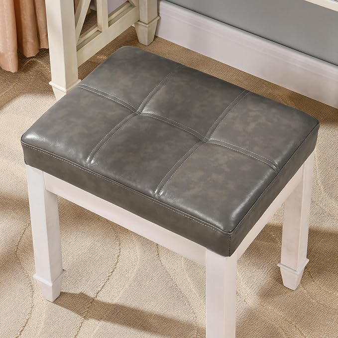 Vanity Stool Bench with Faux Leather Upholstered , Makeup Dressing Bench with Solid Wood Leg, Piano Bench Stools, Child Stool,18.5"L x 14.2"W x 18.5"H Stools, White Leg & Dark Gray Surface FD2405PGY