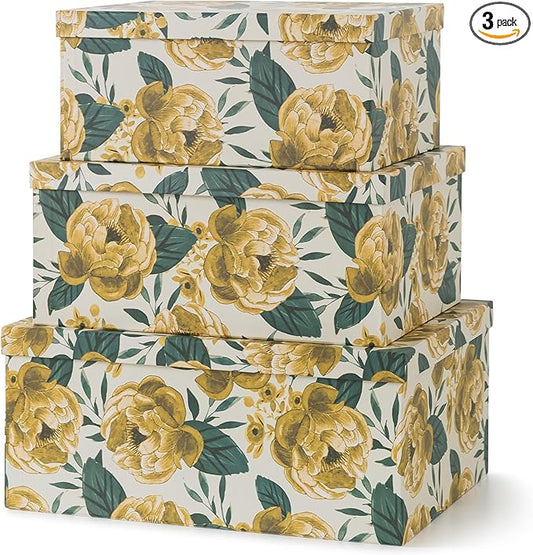 Soul & Lane Decorative Cardboard Storage Boxes with Lids for Home Decor and Organization, Set of 3 Large Keepsake Boxes for Memories & Gifts, Nesting Floral Photo Storage Containers, Golden Peony