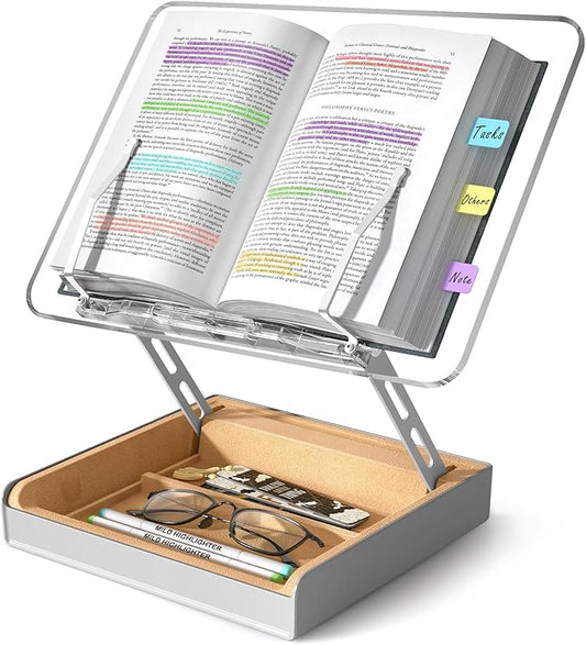 Book Stand with Storage, Book Holder for Reading Hands Free, Wooden Cookbook Stand for Kitchen Counter, Adjustable Reading Stand for Desk, Recipe Stand, Book Prop for Book Lovers (Clear)