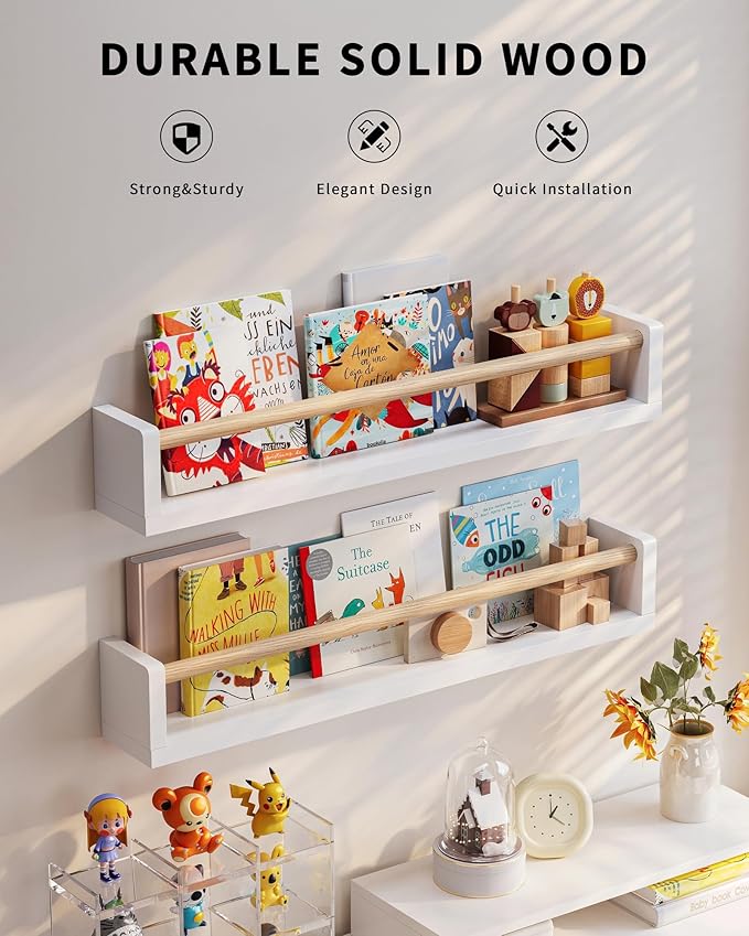 Nursery Book Shelves - 4 Pack, Wall Book Shelves for Bedroom Kids, Kids Wall Book Shelf, Book Shelf for Kid Rooms, Toddler, Baby, Play Room, Nursery Decor (White Wood, 23 Inches)