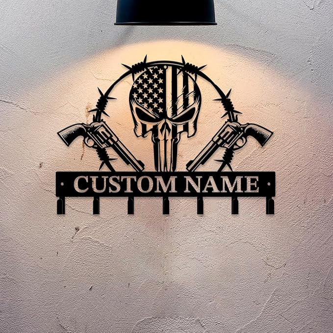 Personalized Custom Name Gun Wall Hooks,Metal Gun Room Art Clothes Hooks,Metal Gun Wall Home Storage Decorative,For Front Door, Hallway, Kitchen, Bedroom,Keys,Hats (Style M)