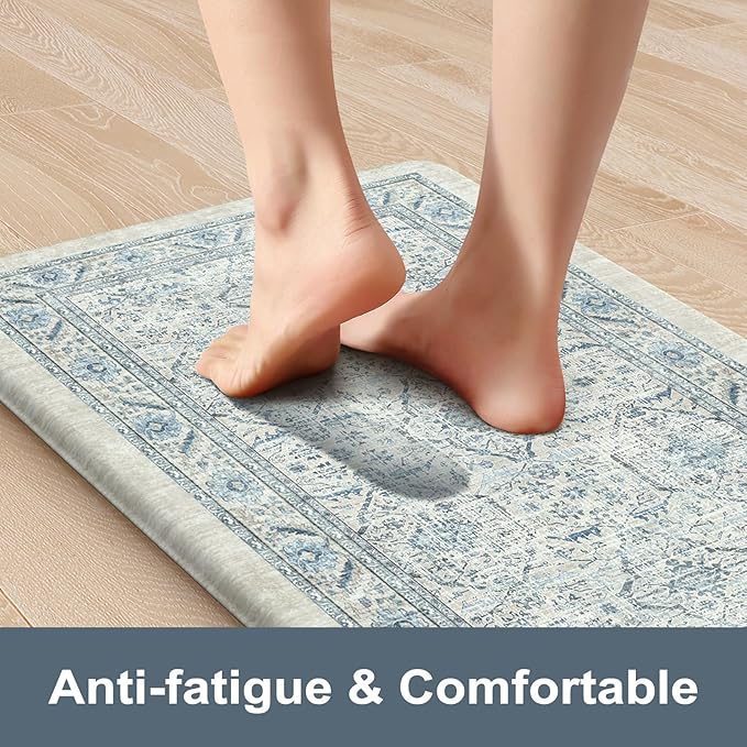 KIMODE Anti Fatigue Kitchen Mats for Floor, Boho Vintage Kitchen Rugs Sets of 2, Cushioned Kitchen Floor Mats Non Slip, Comfort Rugs for Kitchen Floor, Sink, Laundry, Desk Blue 17"x47"+17"x29"