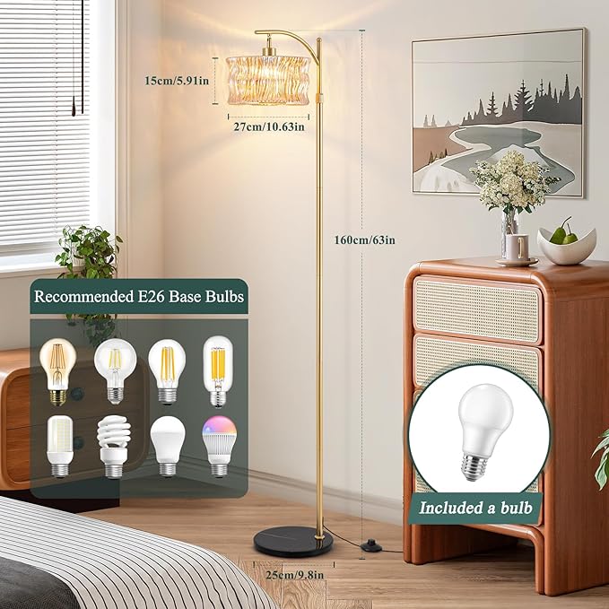 JERANDO Vintage Gold Floor Lamp for Living Room, Amber Glass Lampshade Modern Standing Lamp with Remote, Mid Century Dimmable Tall Lamp for Bedroom, Study Room (Bulb Included)