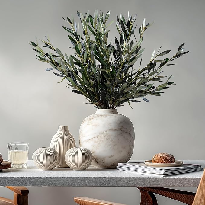 8PCS Premium Artificial Olive Branches for Vases - Realistic PU & Silk Faux Greenery Stems, 3 Sizes, Bendable Wire Stems, Low Maintenance Home/Office/Holiday Decor(No Vase