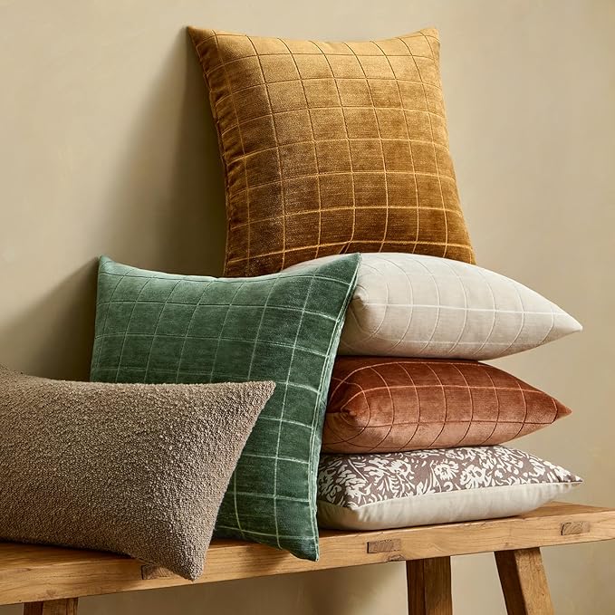 MIULEE Decorative Chenille Check Euro Shams Throw Pillow Covers Vintage Plaid Couch Pillows 24x24 Inch Set of 2 Neutral Boho Cushions Modern Spring Home Decor for Sofa Bed Living Room Moss Green