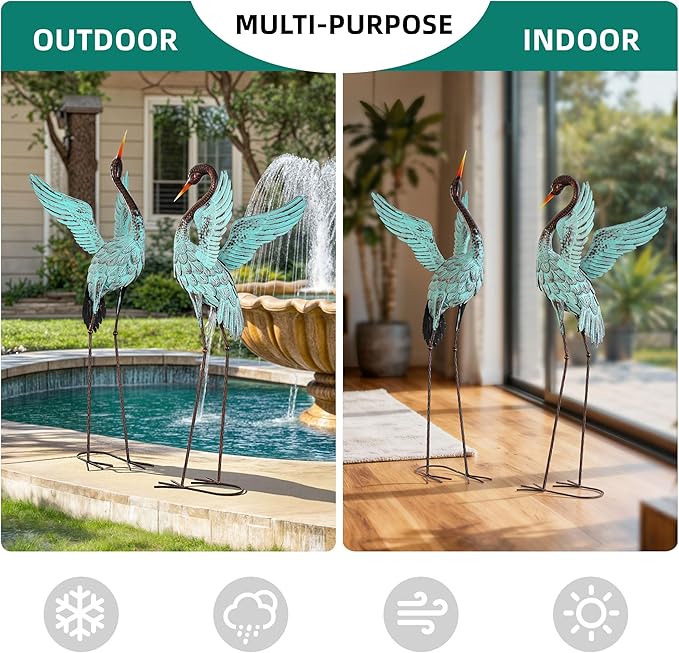 47.5" Extra-Large Blue Heron Decor, Handcrafted Metal Crane Statues with Stable U-Ground Stakes, Backyard Decoration, Metal Garden Bird Animal Yard Art, Lawn Ornament