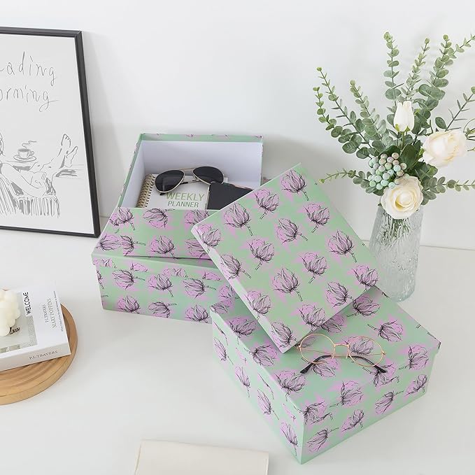 Soul & Lane Set of 3 Decorative Boxes with Lids, Square 11" x 11" Nesting Cardboard Storage for Home Décor in Green, Keepsake and Memory Boxes for Organizing, Sage Garden
