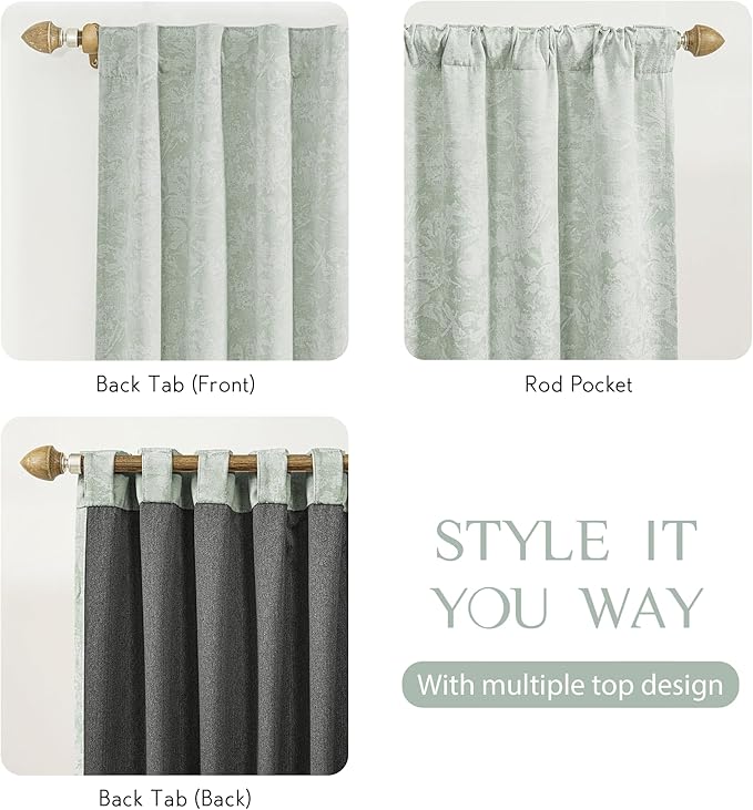 Beauoop Green Floral Jacquard Blackout Curtains 108 Inches Long 2 Panels for Bedroom Living Room Chenille Flower Room Darkening Thermal Insulated Soundproof Rod Pocket Back Tab Window Drapes 52x108