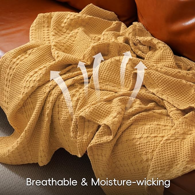 PHF 100% Cotton Waffle Weave Blanket Queen Size for Bed, Soft Lightweight & Breathable, All-Season Comfort, 300 GSM Luxury Aesthetic Blanket for Home Decor, 90"x90", Pumpkin Orange