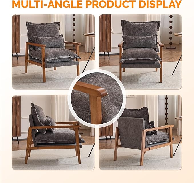 VINGLI Mid-Century Modern Cloud Accent Armchair with Lumbar Pillow, 6.3'' Thick Seat Cushion Comfortable Reading Chair with Wooden Armrests，Boho Lounge Chair for Bedroom, Living Room, Chenille, Grey