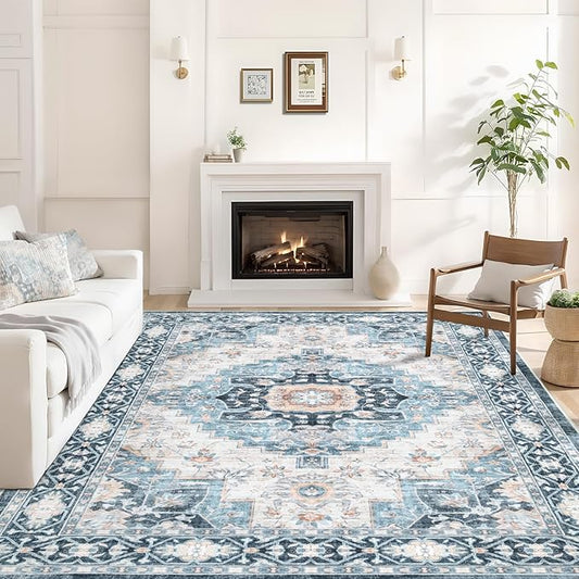 Dotiiorug Washable 5×7 Area Rug for Living Room, Vintage Floral Rug Soft Non Slip Stain Resistant Boho Carpet for Indoor Bedroom Dinning Room Home Office Blue/Ivory
