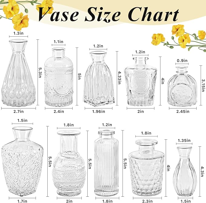 Bud Vases,IJRPLM Set of 10 Glass Bud Vases in Bulk,Small Vases for Centerpieces,Clear Vases Bulk Mini Vases for Flowers,Vintage Bud Vases for Home Table Flower Décor Rustic Wedding Decorations