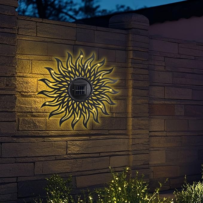 VCUTEKA 20" Sun Metal Wall Art Outdoor Decor Solar Decoration Metal Wall Sculpture Hanging Garden for Indoor Outdoor Patio Fence Decoration Black