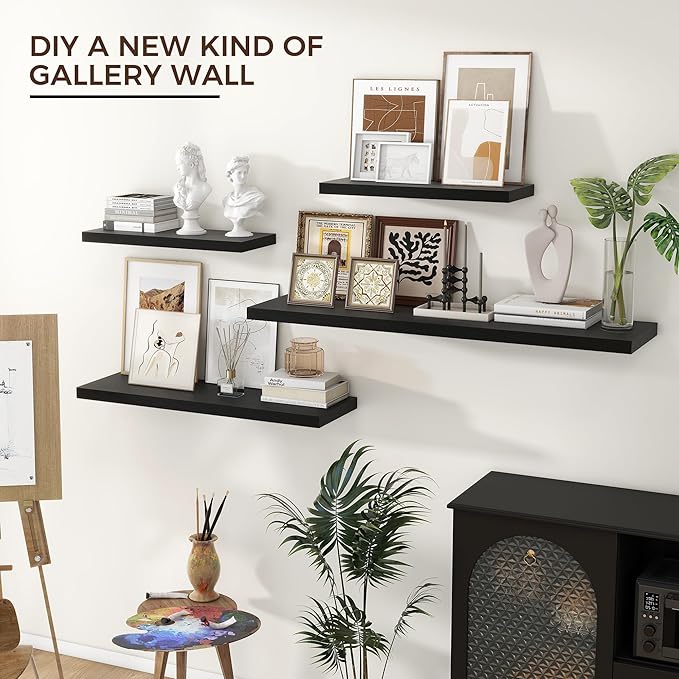 Floating Shelves for Wall 24"W x 6.7"D x 1.37"H, Engineered Wood Wall Shelves with Invisible Brackets for Living Room Bedroom Bathroom Office Kitchen Decor and Storage, Black Finish, Set of 2