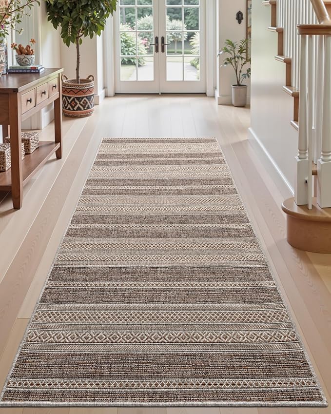 DEXI Hallway Runner Rug 3.3x6.7, Woven Braided Farmhouse Runner Carpet Indoor, Absorbent Thin Long Entryway Runners for Kitchen, Laundry Room, Patio Entrance, Striped Brown