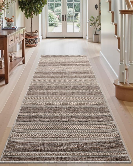 DEXI Hallway Runner Rug 3.3x8, Woven Braided Farmhouse Runner Carpet Indoor, Absorbent Thin Long Entryway Runners for Kitchen, Laundry Room, Patio Entrance, Striped Brown