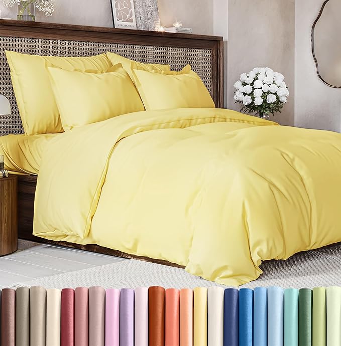 Duvet Cover Queen Size Set - Extra Soft Queen Size Duvet Cover 90 x 90 with 2 Pillow Shams - Hotel Luxury Easy Care and Fade Free with Zipper Closures & Ties - Comfy Breathable Bedding Set (Yellow)