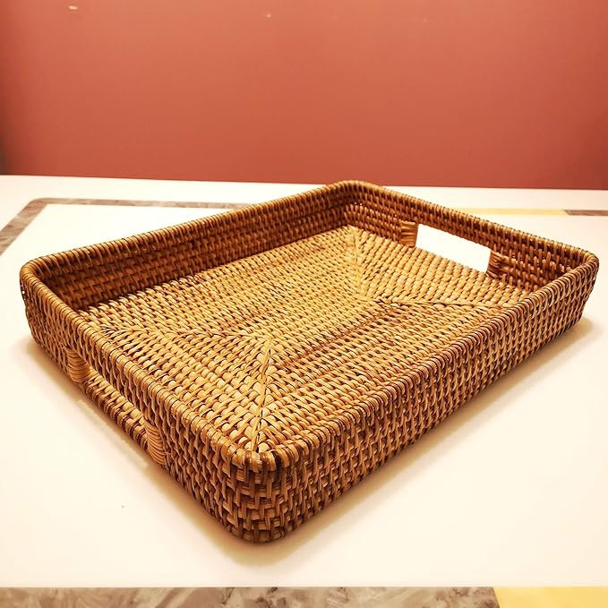 i-lan 2 Pack Natural Rattan Serving Trays with Handles – Handwoven Rectangular Wicker Baskets for Food, Bread, Fruit | Decorative Storage & Table Organizer with 2-Inch Wall (Small + Large)