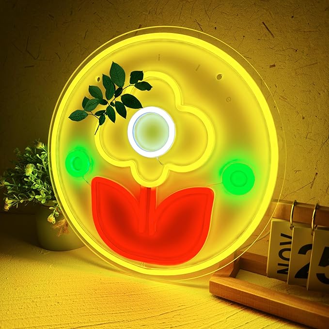 Flower LED Yellow Neon Light, Dimmable USB Wall-Mounted Retro Decoration, Creating a Modern Home Aesthetic, Simple and Sunshine Mood Light, Suitable for Living Rooms, Offices, Bedrooms, Game Rooms