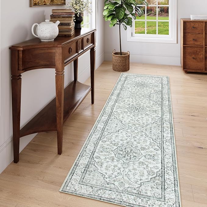 Lahome Oriental Washable Runner Rug,2.5x8 Long Bedroom Rug Runner Non-Slip,Runner Rug for Entryway Indoor,Traditional Laundry Room Rug Runner Low-Pile for Kitchen Hallway,(8ft,Light Gray)