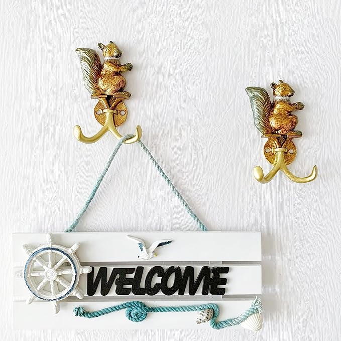 Vintage Squirrel Shaped Decorative Wall Hooks Rack Hangers for Hanging Clothes Coats Towels Keys Hats, 2 Pack Antique Metal Mounted Wall Hook