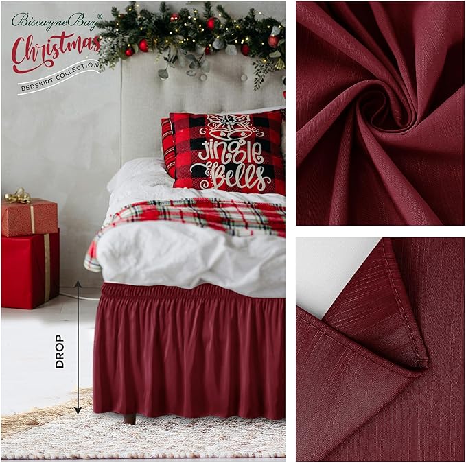 Biscaynebay Wrap Around Bed Skirts for Full & Full XL Beds 15" Drop, Burgundy Adjustable Elastic Dust Ruffles Easy Fit Wrinkle & Fade Resistant Silky Luxurious Fabric Machine Washable