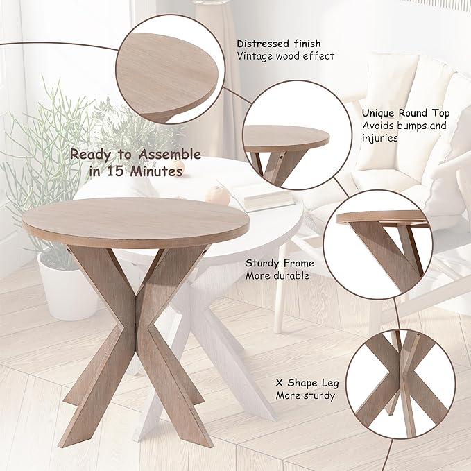 Farmhouse Cross Leg end Table, French Country Accent Side Table for Family, Dinning or Living Room, Small Spaces, Modern, Round, Vintage Grey Finish.