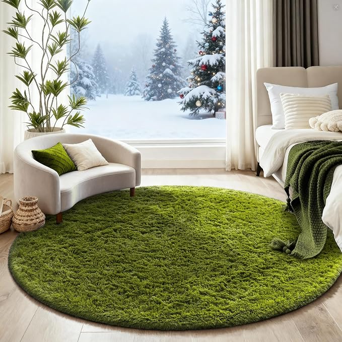 Ophanie Round Rug 5Ft Green Circle Area Rug, Green Room Decor, Fluffy Fuzzy Bedroom Carpet, Plush Soft Shaggy Living Room Rugs for Kids Home Decor Aesthetic, Nursery