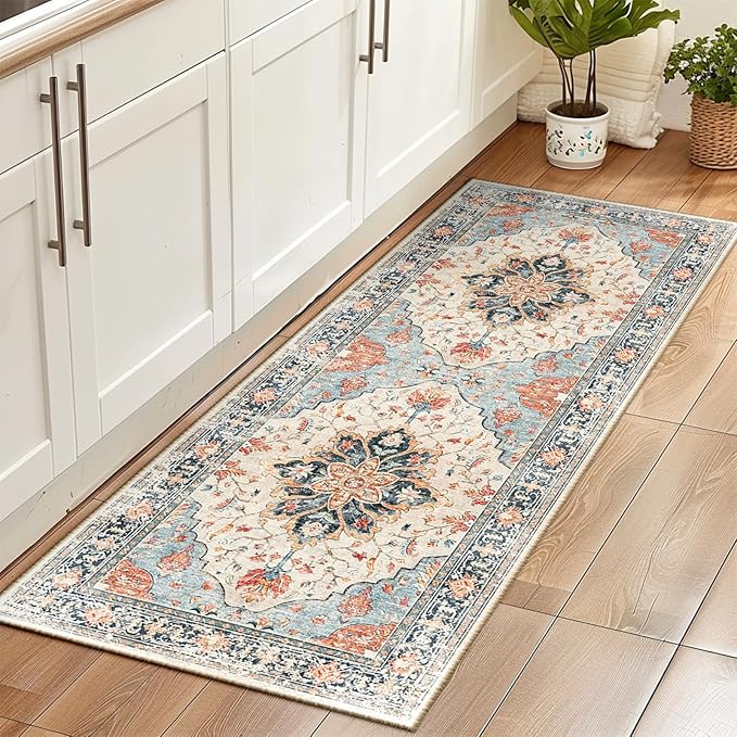 RELEANY Area Rugs 2'x6' Washable Non-Slip, Floral Vintage Distress Print Pattern Medallion Carpet for Living Room Bedroom Dining Room, Beige Navy Blue Orange Colorful