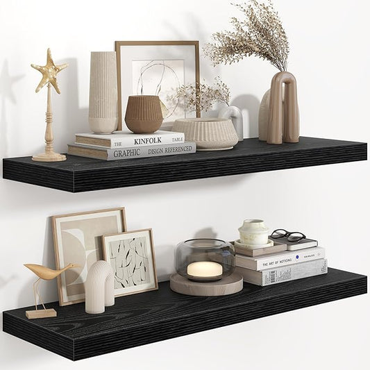 Fun Memories 36 Inch Floating Shelves in Black, 9.3 Inch Deep Floating Shelf for Bathroom Living Room Kitchen, Rusitc Wall Mounted Bathroom Shelves 2 Pack, Heavy-Duty Deep Shelf for Books Decor