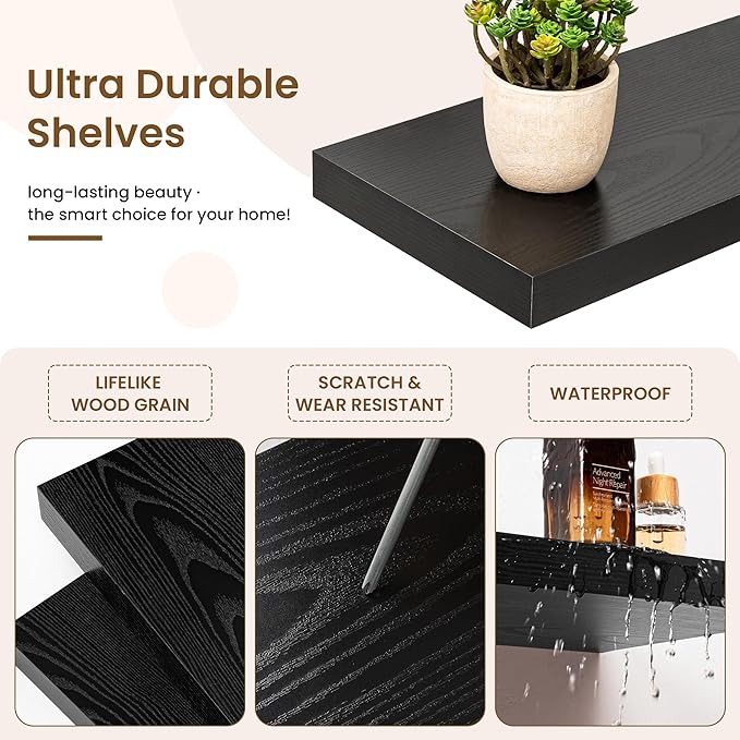 55in Floating Shelves for Wall, 55"W x 9.25"D x 1.5"H, Long Wall Mounted Engineered Wood Shelves with Invisible Brackets for Living Room, Bedroom, Bathroom, Kitchen Decor and Storage, Black