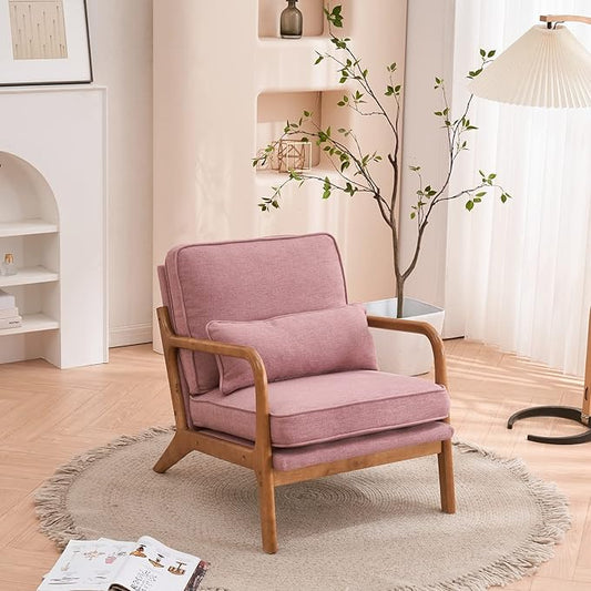 Bonnlo Linen Pink Mid Century Modern Accent Chair, Soild Wood Padding Lounge Armchairs Side Sitting Chairs for Living Room, Bedroom, Guest Room