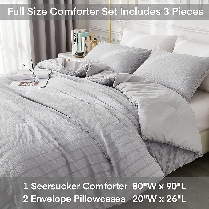 AveLom Seersucker Full Comforter Set, 80x90, Light Gray, 3 Pieces - 100% Microfiber, Soft Washed, Down Alternative, Chic Seersucker Design, Easy Care, Pet Friendly