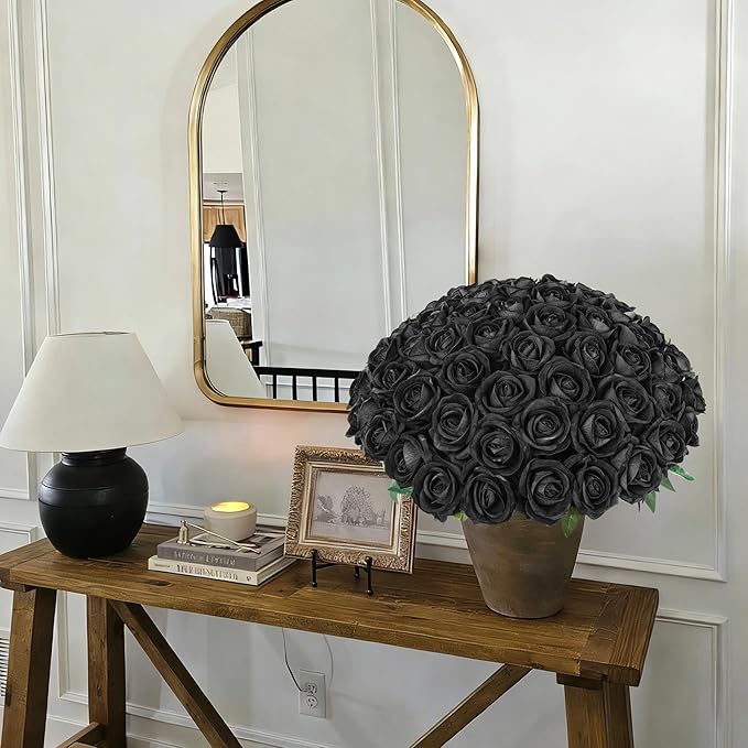 50 PCS Black Roses Artificial Flowers, Fake Roses with Stem Realistic Silk Roses for DIY Wedding Bouquets Table Centerpieces Arrangements Baby Shower Birthday Home Decor Valentine's Day Gift for Her