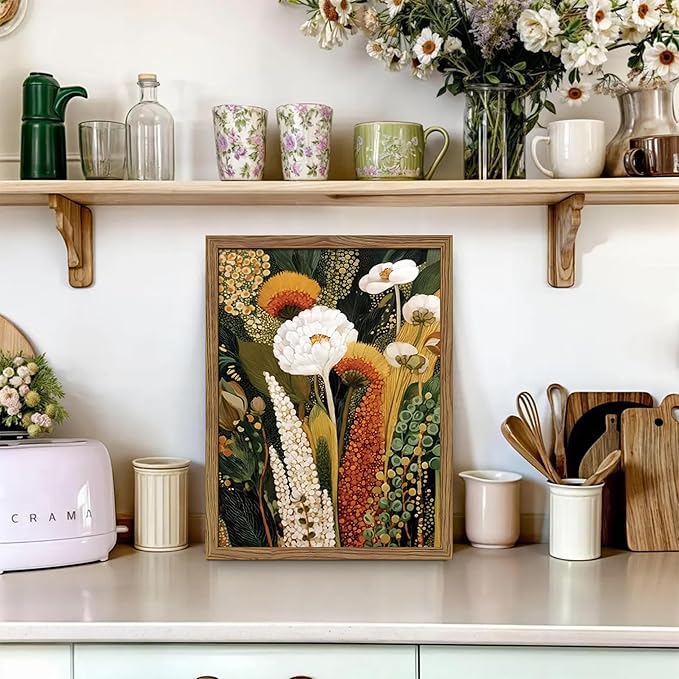 Framed Vintage Botanical Floral Wall Art, Colorful Abstract Flowers Wall Decor Painting, Retro Wildflower Artwork Poster Print Picture for Living Room Bedroom 12x16 Inch