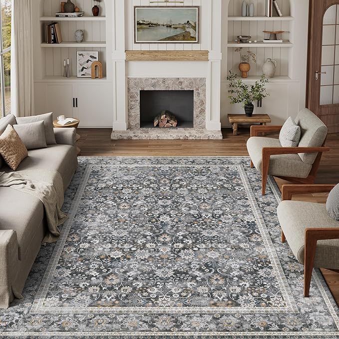 HUGEAR 6x9 Machine Washable Rugs Black Grey Hallway Large Area Rug Indoor Accent Rug Floral Low Pile Carpet Soft Throw Aesthetic Rug Bedroom Living Room Office Dining Room Kitchen Laundry Room