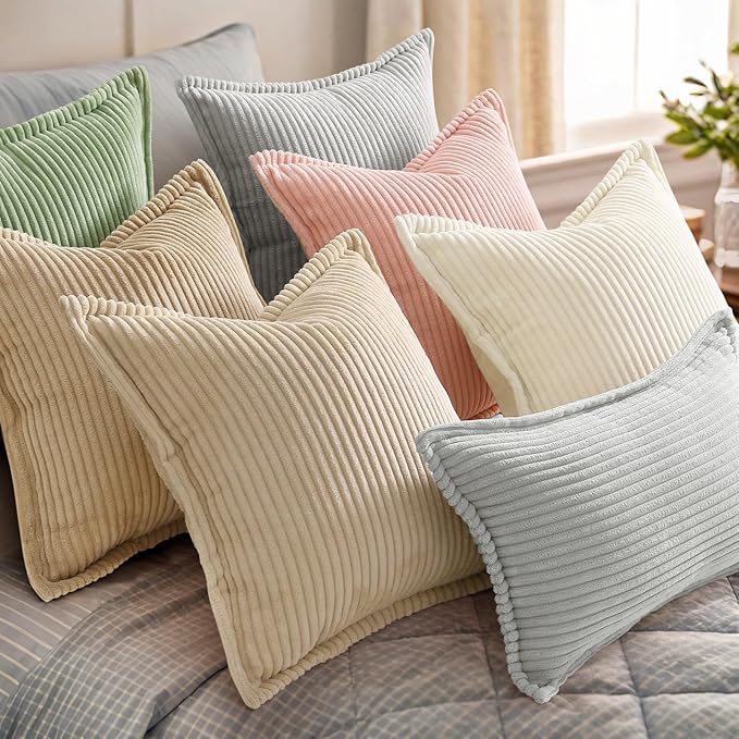 decorUhome Spring Corduroy Cream White Euro Sham Throw Pillow Covers 22x22 Set of 2 Decorative Soft Boho Farmhouse Couch Pillow Covers for Living Room Bed Sofa Broadside Striped Pillow Cases
