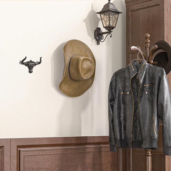 Cowboy Hat Rack for Wall 2 Pack Cowboy Hat Hook Cast Iron Hat Holder Cowgirl Hat Hanger Vintage Western Wall Decor Longhorn Hooks for Hat Storage and Organization Cow Decor Western Gift Rust