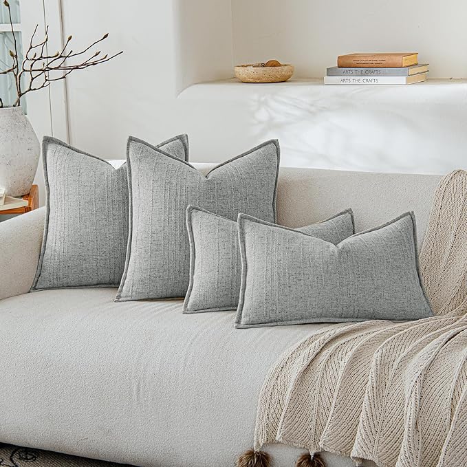 a moment Linen Pillow Covers Set of 2,Boho Farmhouse Throw Pillowcases Neutral Textured Decorative Covers for Couch Sofa,Soft Linen Blend Accent Case Cushion Living Room Home Decor 26"x26"Sky Gray