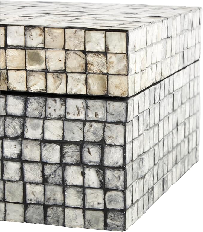 Deco 79 Mother of Pearl Shell Geometric Handmade Decorative Box Square Mosaic Storage Decorative Keepsake Box with Beige Accents, Set of 2 Storage Box 12", 8"W, Gray