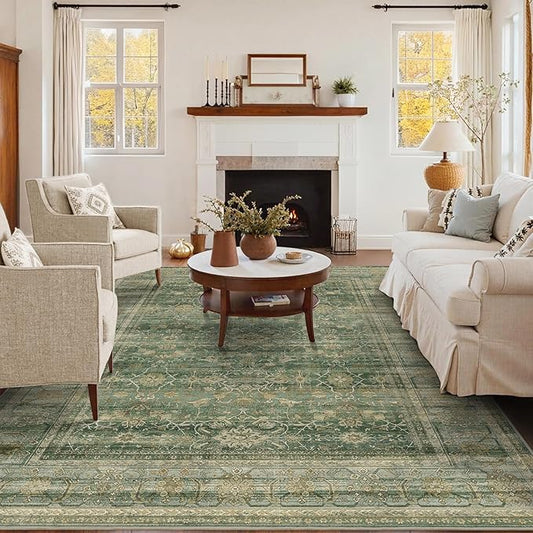 HelloTree Washable Rugs 5x7 Area Rug for Living Room, Vintage Boho Rug Non Slip Carpet Retro Accent Indoor Mat Print Distressed Low Pile Throw Large Rug for Office Bedside-Green