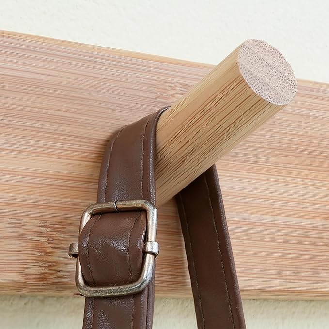 SKOLOO Wood Coat Rack Wall Mounted,10 Peg Long Bamboo Hook for Hanging Backpack Coat Towel Hat,16'' Hole to Hole,Natural