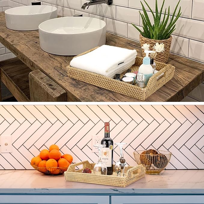 Hipiwe Rattan Serving Tray with Handles Hand-Woven Decorative Tray for Storage Breakfast, Drinks, Snack,Rectangular Basket Organizer Tray for Coffee Table, Home Decor (Large)