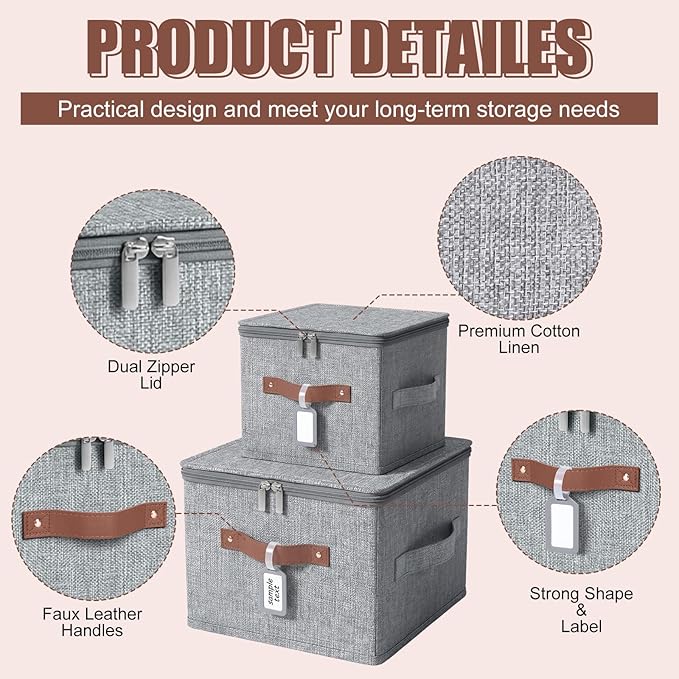 6 Pack Fabric Storage Bins with Lids and Label, 15x10x10Inch Large Size Foldable Cotton Linen Storage Boxes with PU Leather Handles Holders for Closet, Bedroom, Shelf, Nursery, Gray