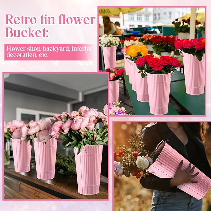 Layhit 6 Pcs 12 Inch Galvanized Flower Buckets Metal Flower Vases with Handle Farmhouse French Bucket Planter Floral Container for Flowers Wedding Bridal Shower Home Table Decor(Pink)