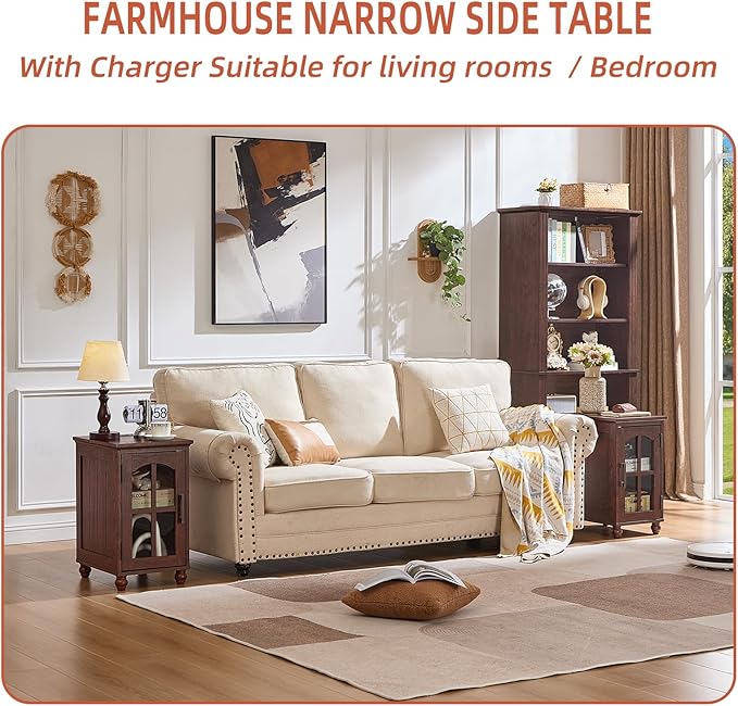 Narrow Side Table,Farmhouse Nightstand with Charging Station,Wood End Table with Glass Barn Door Storage, Cabinet Organizer with Adjustable Shelf, Night Stand for Small Spaces for Living Room Bedroom